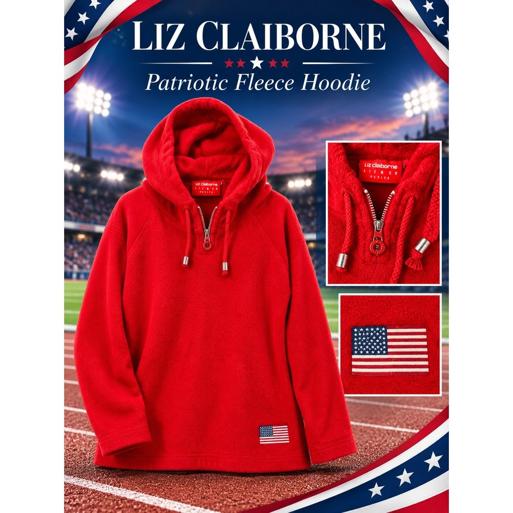 Liz Claiborne Liz & Co Red Fleece Hoodie Quarter Zip American Flag Petite L